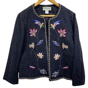 Orvis Womens 12 Charcoal Grey 100% Wool Floral Embroidered Open Front Blazer VTG